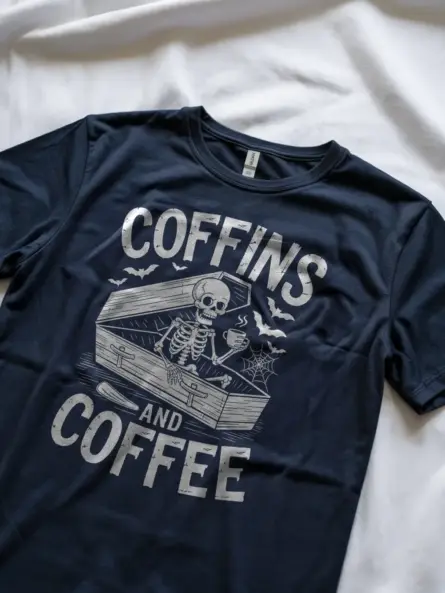 Navy Coffins and Coffee Lifestyle – coffee lover’s goth t-shirt with skeleton rising from coffin