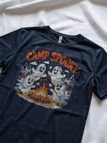 Navy cute ghost campfire t-shirt lifestyle photo with family vibe