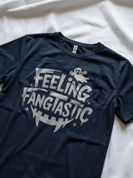 Lifestyle shot navy Feeling Fangtastic Halloween T-Shirt playful Halloween