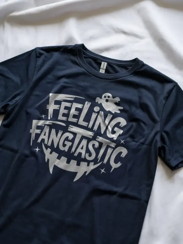 Lifestyle shot navy Feeling Fangtastic Halloween T-Shirt playful Halloween