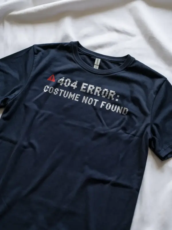 Lifestyle shot navy shirt 404 Error Costume Not Found t-shirt funny