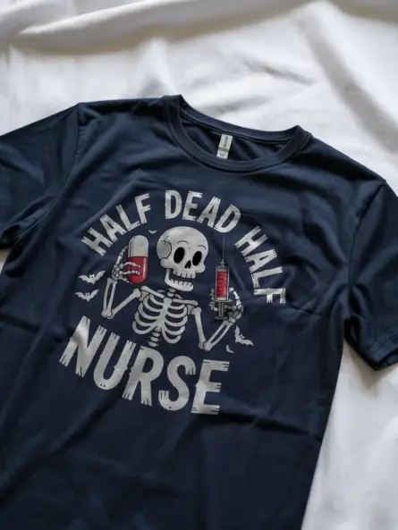 Lifestyle photo with navy tee – funny nurse graphic tee