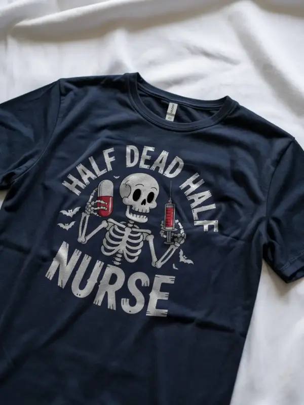 Lifestyle photo with navy tee – funny nurse graphic tee