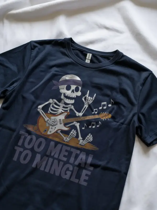 Lifestyle image Navy skeleton musician tee for rock fans
