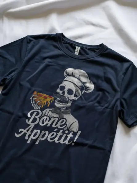 Navy funny skeleton chef pizza shirt view with dripping pizza