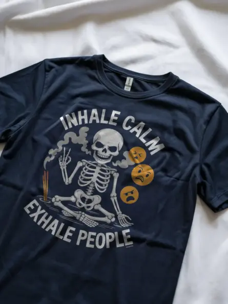 navy lifestyle shot – mindfulness and dark humor shirt – skeleton meditation t-shirt