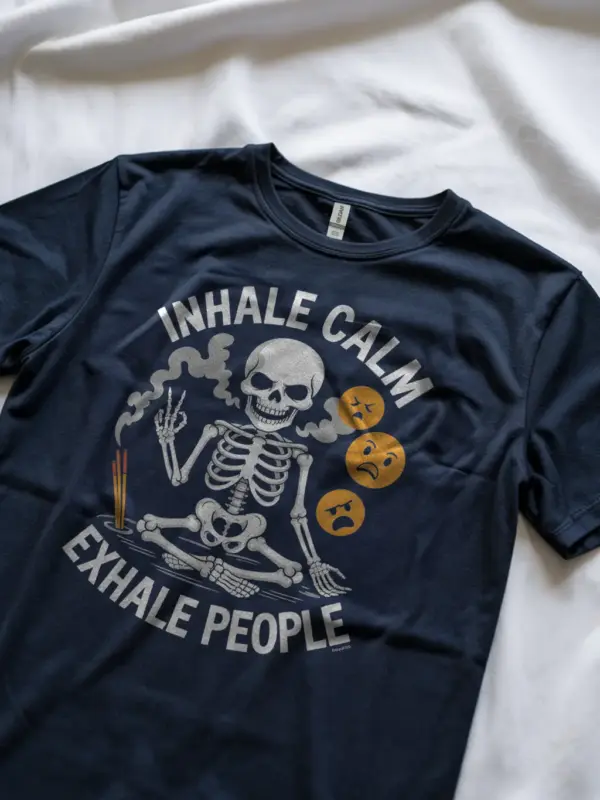 navy lifestyle shot – mindfulness and dark humor shirt – skeleton meditation t-shirt