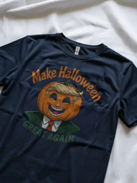 Casual lifestyle pose in navy shirt – Trump Halloween parody shirt
