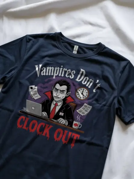 Navy Vampires Don’t Clock Out T-Shirt – Lifestyle with Laptop and Clock