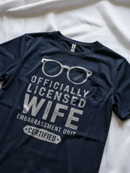 Lifestyle shot navy shirt officially licensed wife embarrassment unit funny wife embarrassment t-shirt