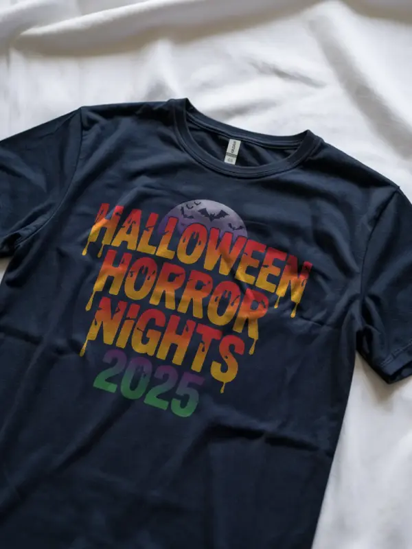 Styled navy tee in lifestyle photo — bold halloween horror nights t-shirt