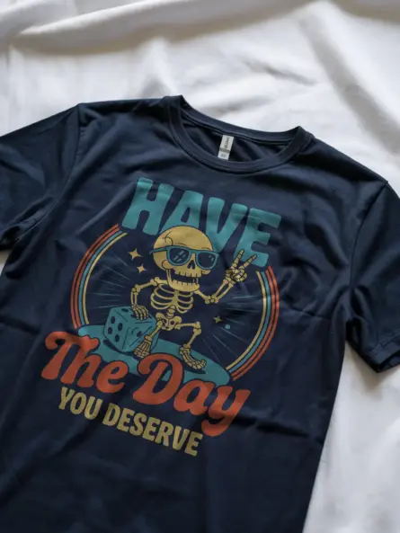 Navy lifestyle shot – skeleton peace sign burnout tee