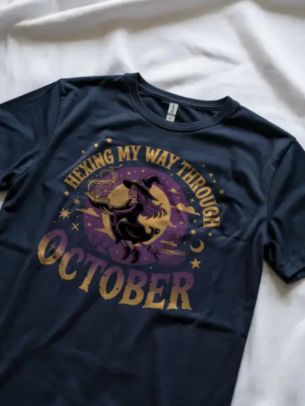 navy lifestyle shot hexing my way through t-shirt crescent moon witch