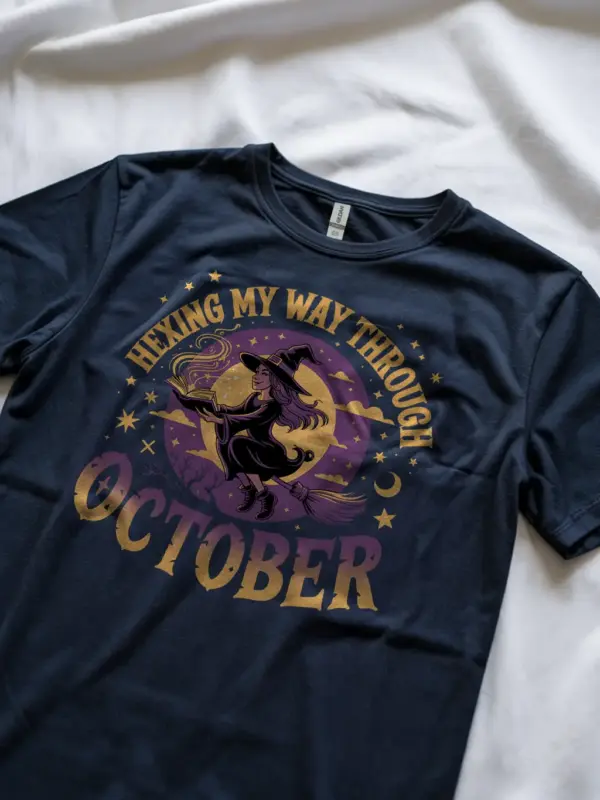 navy lifestyle shot hexing my way through t-shirt crescent moon witch