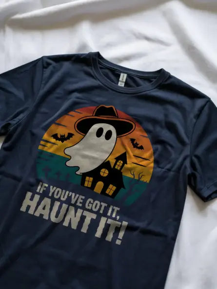 navy lifestyle shot if you’ve got it haunt it t-shirt retro haunted house tee