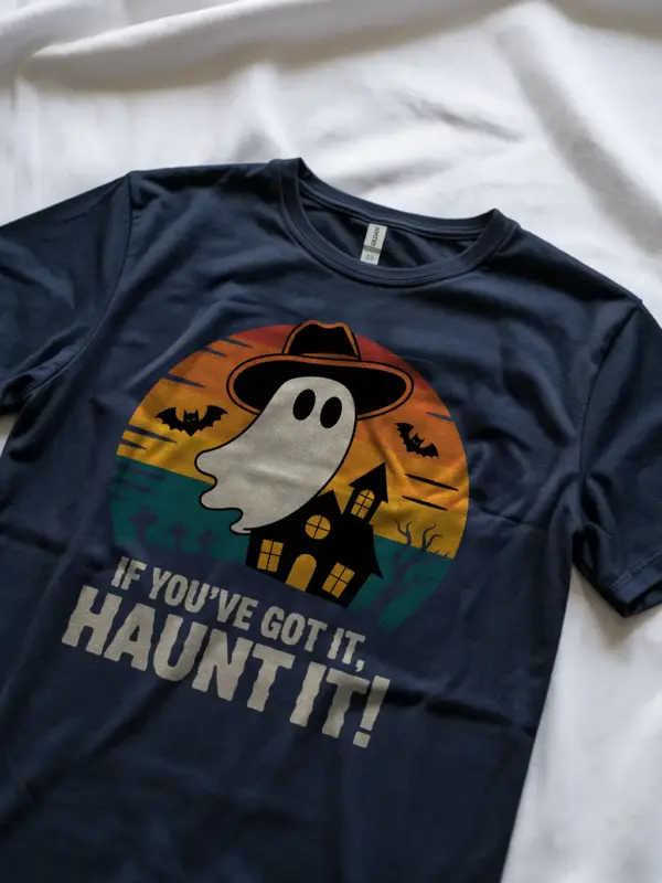 navy lifestyle shot if you’ve got it haunt it t-shirt retro haunted house tee