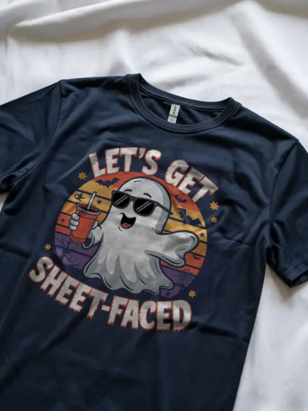 navy lifestyle shot let’s get sheet faced halloween t-shirt party drinking tee
