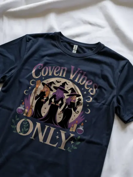 Lifestyle Navy Coven Vibes Witch T-Shirt in outdoor witchy setting