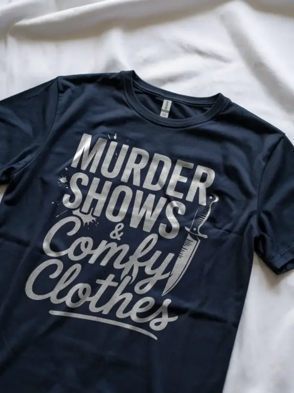 Lifestyle shot navy shirt murder shows and comfy clothes t-shirt