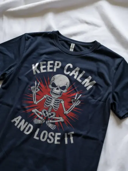 Lifestyle shot Navy Shirt Keep Calm and Lose It punk skeleton meditation t-shirt
