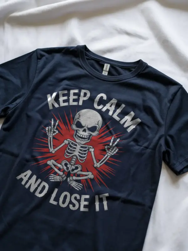 Lifestyle shot Navy Shirt Keep Calm and Lose It punk skeleton meditation t-shirt