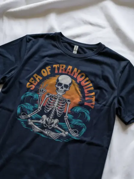 Navy sea of tranquility t-shirt lifestyle – zen ocean vibe skeleton apparel