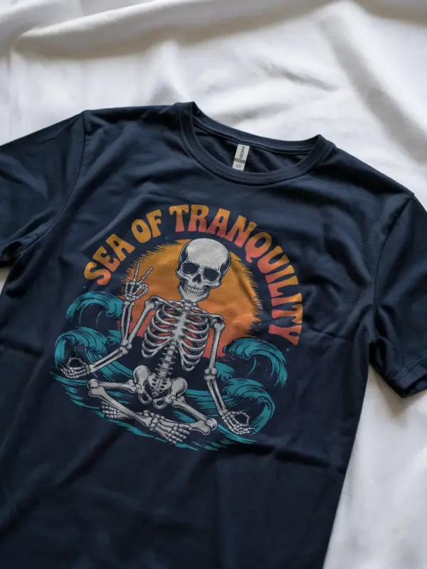 Navy sea of tranquility t-shirt lifestyle – zen ocean vibe skeleton apparel