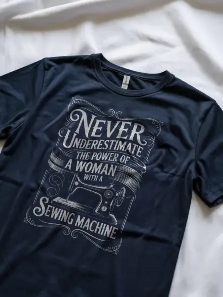 Lifestyle shot navy shirt never underestimate sewing machine t-shirt for women