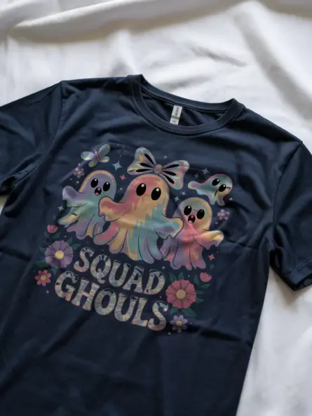 Navy lifestyle shot – pastel ghost and floral design squad ghouls halloween shirt