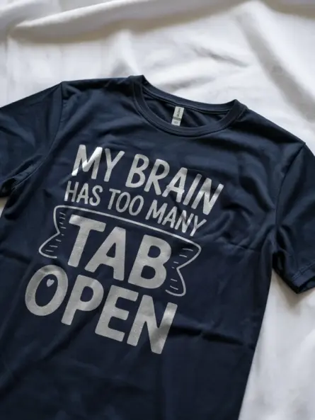 Lifestyle image wearing navy my brain has too many tabs open t-shirt