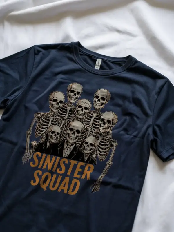 Navy Shirt Lifestyle Shot – Sinister Squad Vintage Skeleton Squad T-Shirt