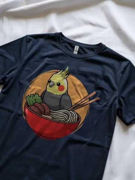 Whimsical Cute Cockatiel T Shirt – Ramen Bowl Kawaii Bird Tee - Image 8