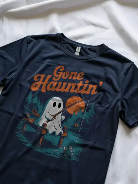 Cute Ghost Fishing Halloween Shirt – Gone Hauntin’ Retro Tee - Image 8