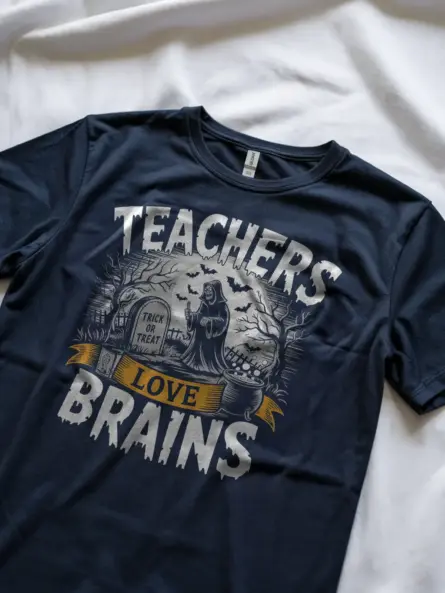 Navy lifestyle teachers love brains Halloween shirt with graveyard scene