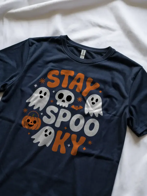 navy lifestyle shot – playful ghost tee with skull and pumpkin – stay spooky t-shirt