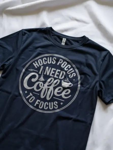 Lifestyle shot Navy coffee lover apparel with hocus pocus quote