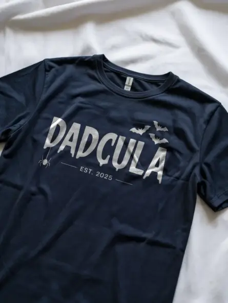 Family photo wearing navy dadcula halloween shirt first halloween tee
