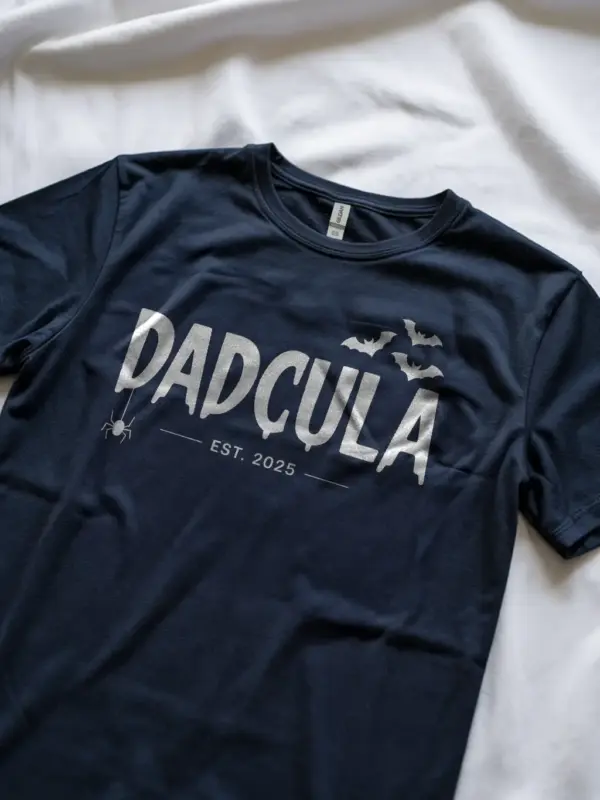 Family photo wearing navy dadcula halloween shirt first halloween tee
