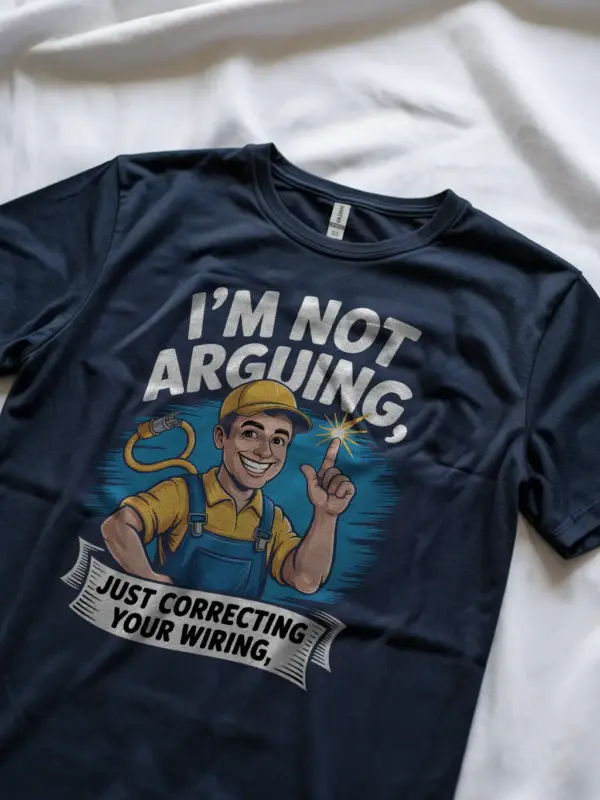 Navy shirt detail view of electric arc funny electrician t-shirt for men