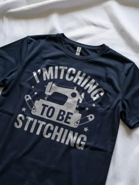 Lifestyle Shot Navy shirt while quilting – funny sewing machine t-shirt