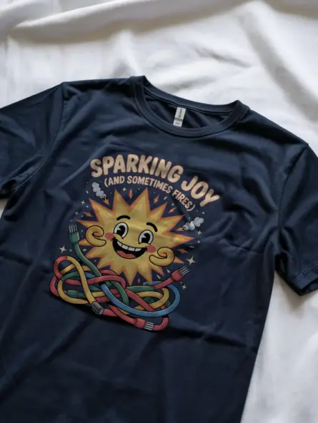 Funny Tech Dad T-Shirt – Sparking Joy (And Sometimes Fires) Cartoon Electrical Humor Tee - Image 9