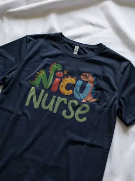Navy NICU nurse dinosaur t-shirt lifestyle shot – unique NICU nurse gift shirt for pediatric nurses