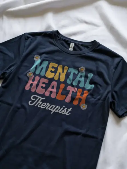 Navy Shirt Model Wearing – retro mental health therapist t-shirt