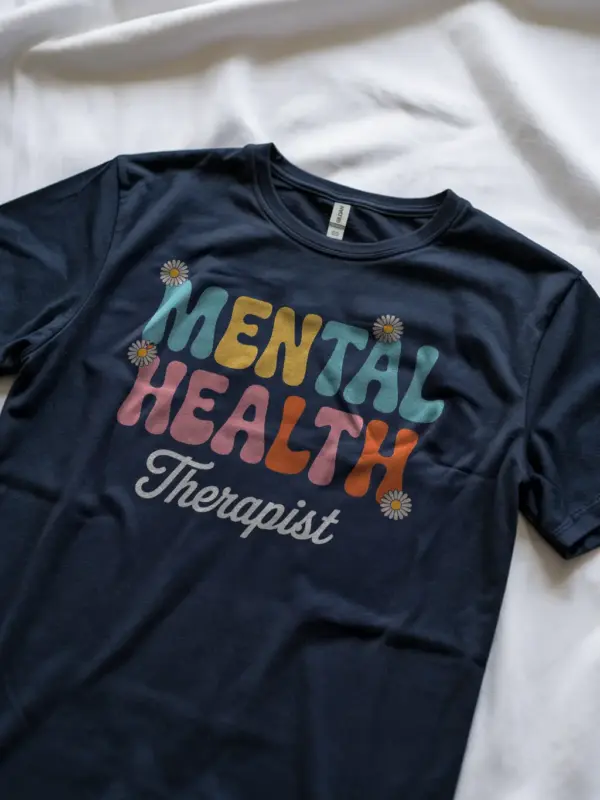 Navy Shirt Model Wearing – retro mental health therapist t-shirt
