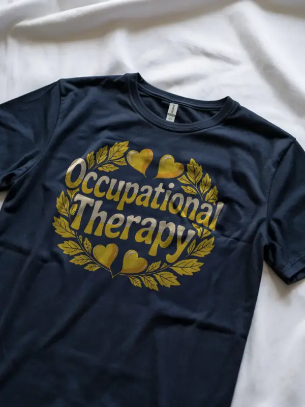 Navy shirt lifestyle shot – yellow therapy graphic – occupational therapy student shirt