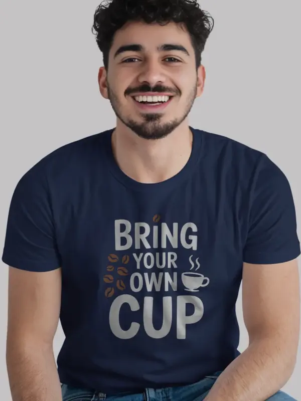 Lifestyle view of navy bring your own cup t-shirt for sustainable shoppers