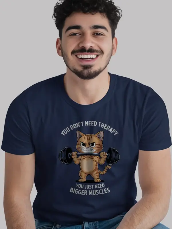 Front view of navy tee with chibi cat lifting weights, funny cat gym t-shirt