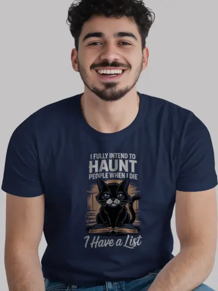 Navy Shirt grumpy cat design, funny haunted cat t-shirt, front view