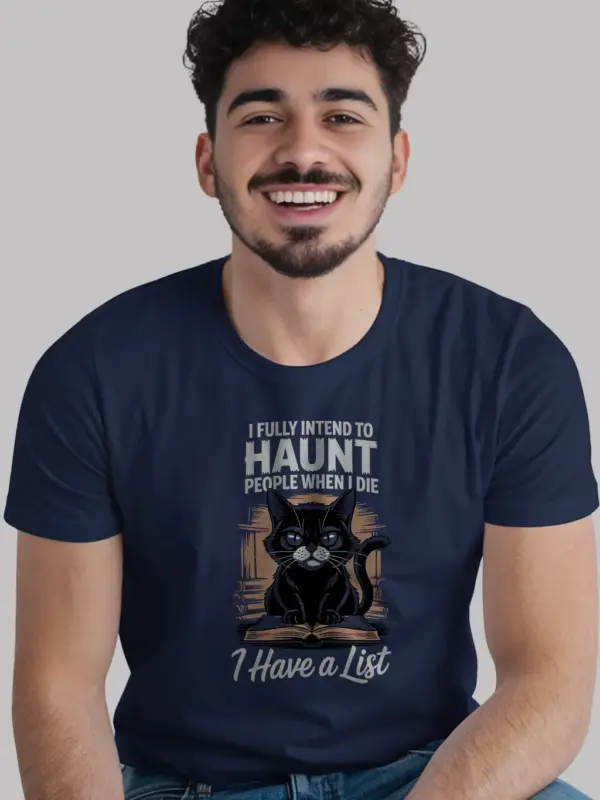 Navy Shirt grumpy cat design, funny haunted cat t-shirt, front view