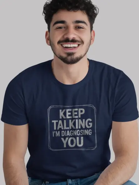 Navy Shirt worn in classroom setting, funny psychologist t-shirt, lifestyle view
